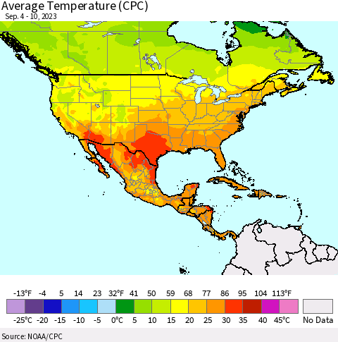 North America Average Temperature (CPC) Thematic Map For 9/4/2023 - 9/10/2023
