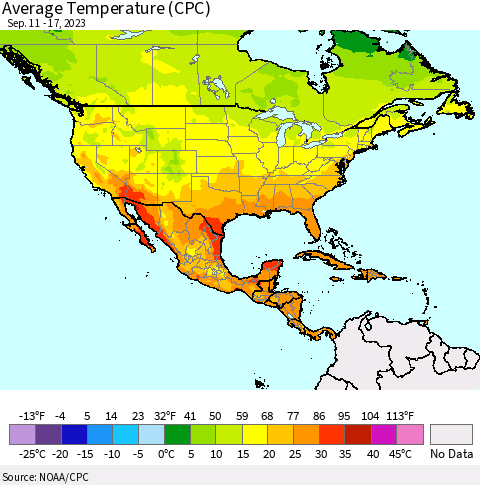 North America Average Temperature (CPC) Thematic Map For 9/11/2023 - 9/17/2023