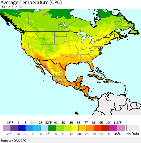 North America Average Temperature (CPC) Thematic Map For 10/2/2023 - 10/8/2023