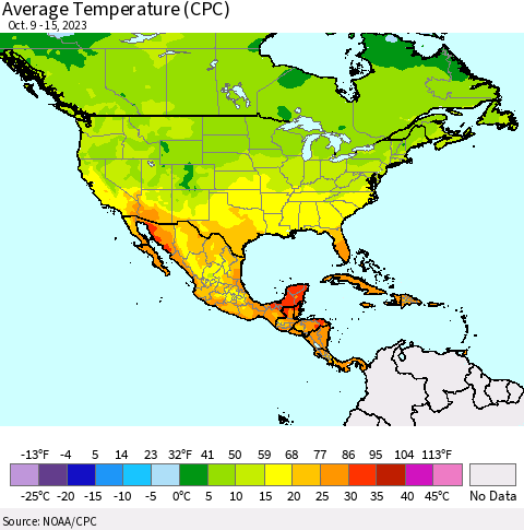 North America Average Temperature (CPC) Thematic Map For 10/9/2023 - 10/15/2023