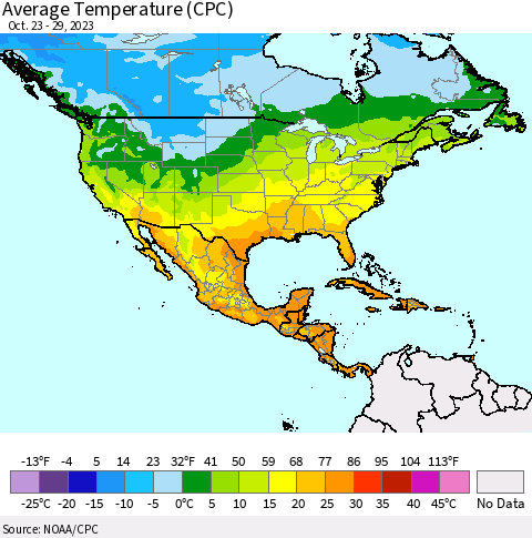 North America Average Temperature (CPC) Thematic Map For 10/23/2023 - 10/29/2023