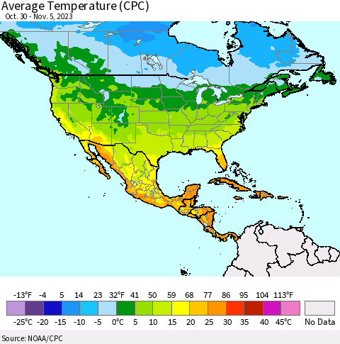 North America Average Temperature (CPC) Thematic Map For 10/30/2023 - 11/5/2023