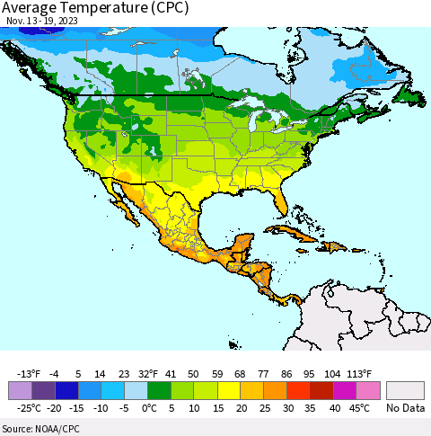 North America Average Temperature (CPC) Thematic Map For 11/13/2023 - 11/19/2023