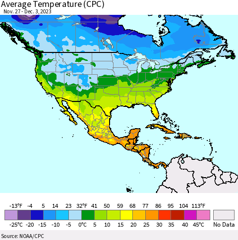 North America Average Temperature (CPC) Thematic Map For 11/27/2023 - 12/3/2023