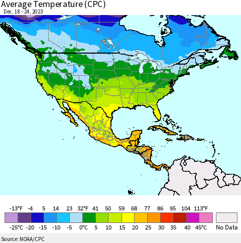 North America Average Temperature (CPC) Thematic Map For 12/18/2023 - 12/24/2023