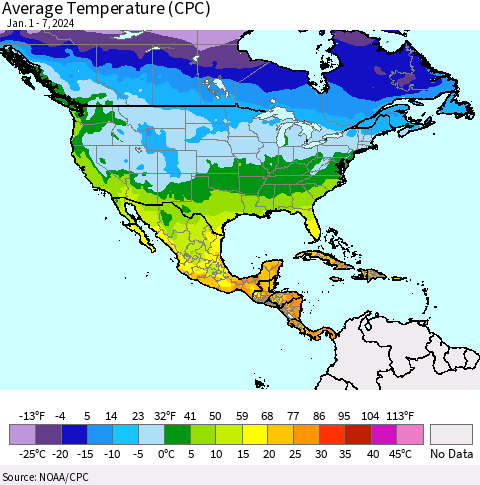 North America Average Temperature (CPC) Thematic Map For 1/1/2024 - 1/7/2024
