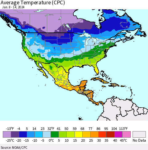 North America Average Temperature (CPC) Thematic Map For 1/8/2024 - 1/14/2024