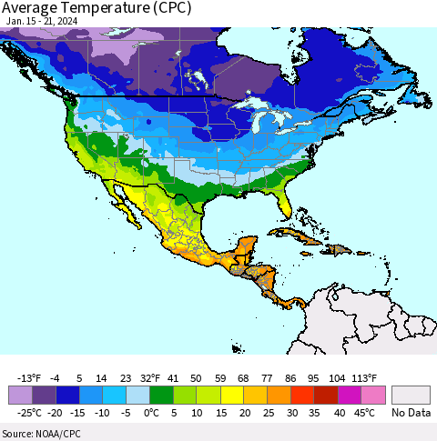 North America Average Temperature (CPC) Thematic Map For 1/15/2024 - 1/21/2024