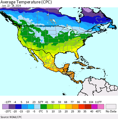 North America Average Temperature (CPC) Thematic Map For 1/22/2024 - 1/28/2024