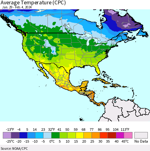 North America Average Temperature (CPC) Thematic Map For 1/29/2024 - 2/4/2024