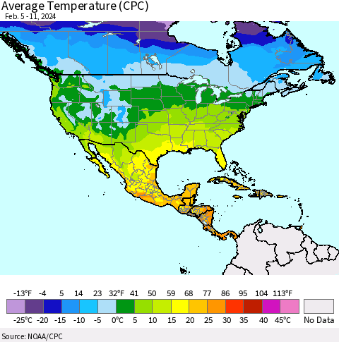 North America Average Temperature (CPC) Thematic Map For 2/5/2024 - 2/11/2024