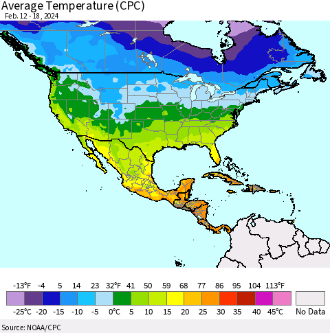 North America Average Temperature (CPC) Thematic Map For 2/12/2024 - 2/18/2024