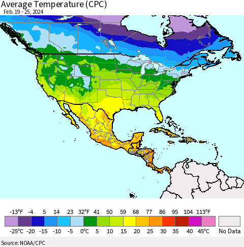 North America Average Temperature (CPC) Thematic Map For 2/19/2024 - 2/25/2024