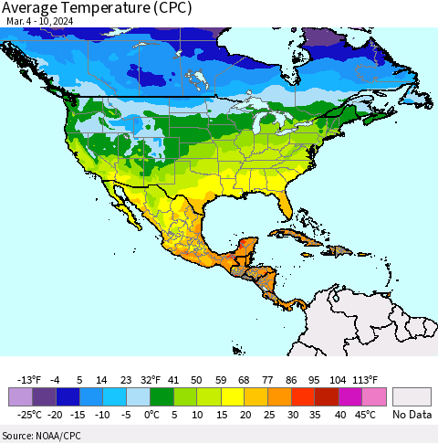 North America Average Temperature (CPC) Thematic Map For 3/4/2024 - 3/10/2024
