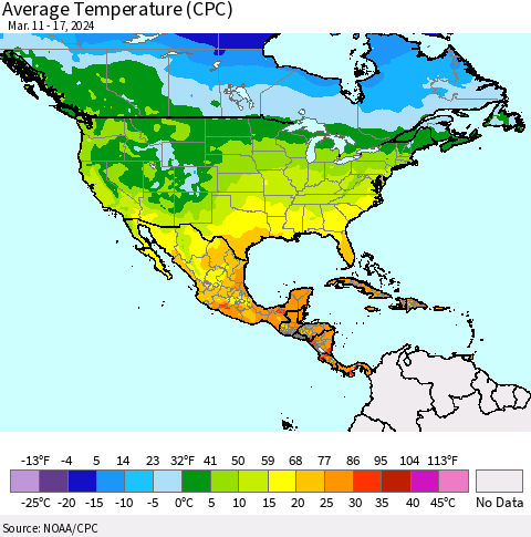 North America Average Temperature (CPC) Thematic Map For 3/11/2024 - 3/17/2024