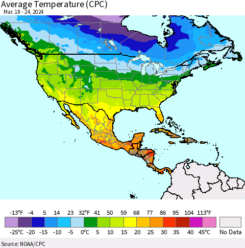 North America Average Temperature (CPC) Thematic Map For 3/18/2024 - 3/24/2024