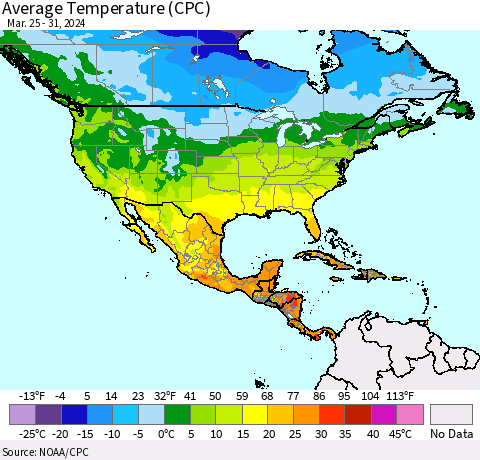 North America Average Temperature (CPC) Thematic Map For 3/25/2024 - 3/31/2024