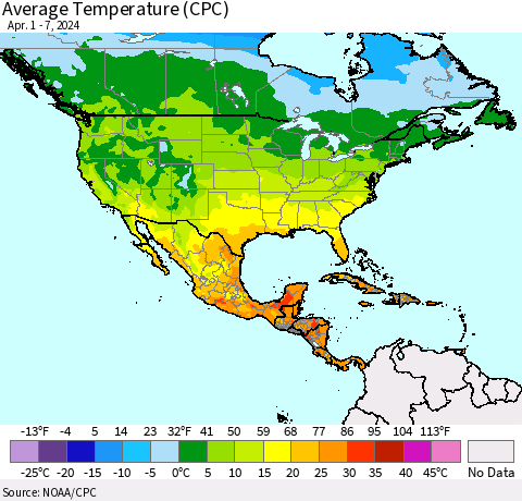 North America Average Temperature (CPC) Thematic Map For 4/1/2024 - 4/7/2024