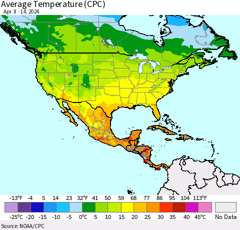 North America Average Temperature (CPC) Thematic Map For 4/8/2024 - 4/14/2024