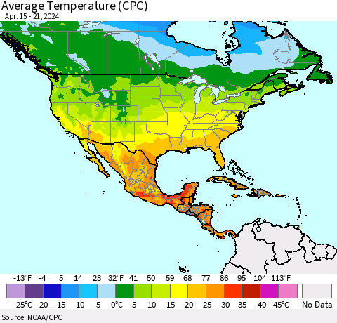North America Average Temperature (CPC) Thematic Map For 4/15/2024 - 4/21/2024