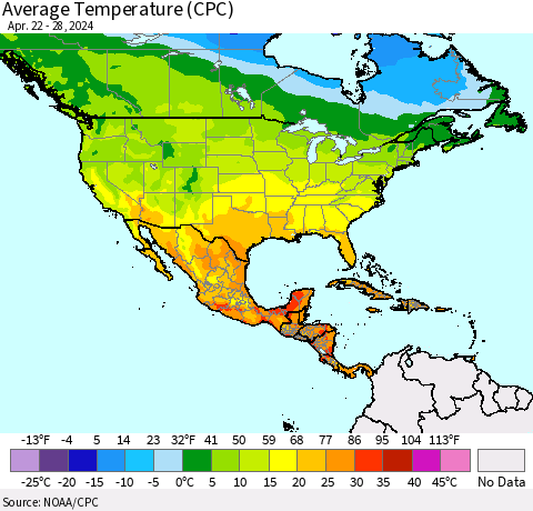 North America Average Temperature (CPC) Thematic Map For 4/22/2024 - 4/28/2024