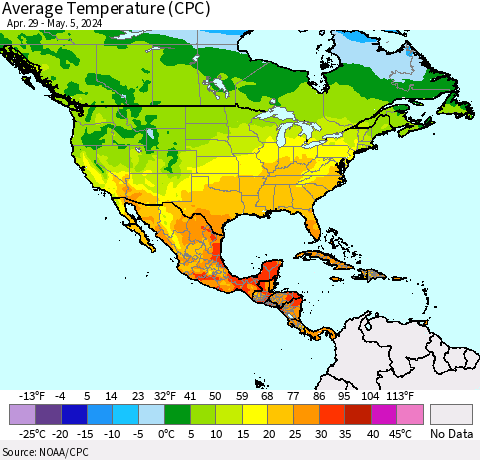 North America Average Temperature (CPC) Thematic Map For 4/29/2024 - 5/5/2024