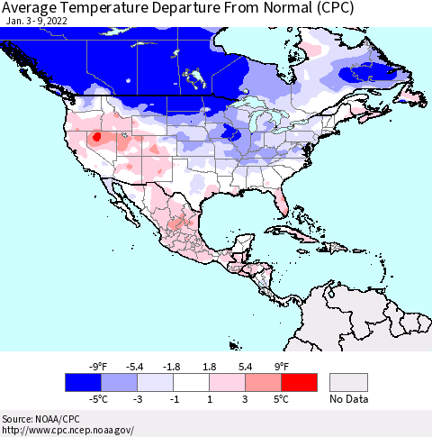 North America Average Temperature Departure from Normal (CPC) Thematic Map For 1/3/2022 - 1/9/2022