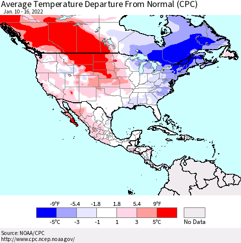 North America Average Temperature Departure from Normal (CPC) Thematic Map For 1/10/2022 - 1/16/2022