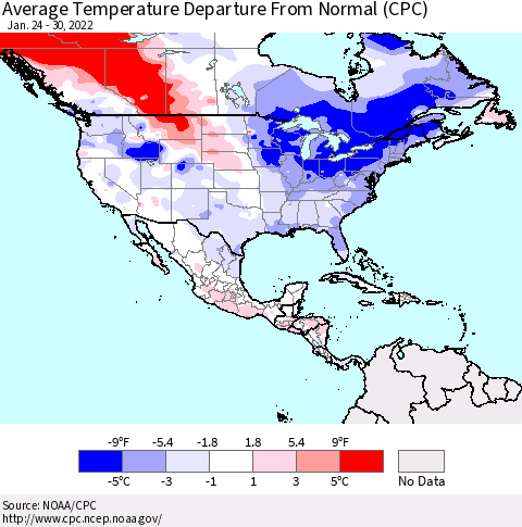 North America Average Temperature Departure from Normal (CPC) Thematic Map For 1/24/2022 - 1/30/2022
