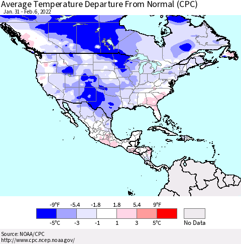 North America Average Temperature Departure from Normal (CPC) Thematic Map For 1/31/2022 - 2/6/2022