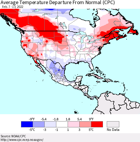 North America Average Temperature Departure from Normal (CPC) Thematic Map For 2/7/2022 - 2/13/2022