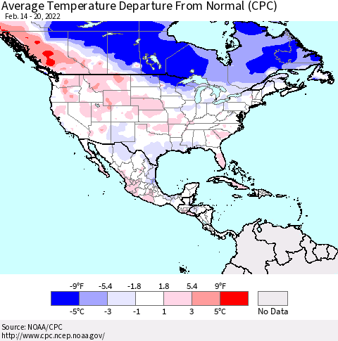 North America Average Temperature Departure from Normal (CPC) Thematic Map For 2/14/2022 - 2/20/2022