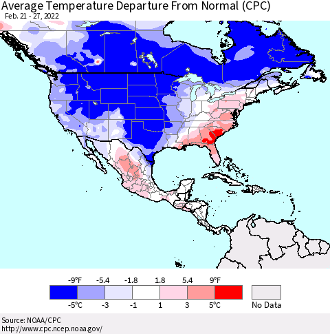 North America Average Temperature Departure from Normal (CPC) Thematic Map For 2/21/2022 - 2/27/2022