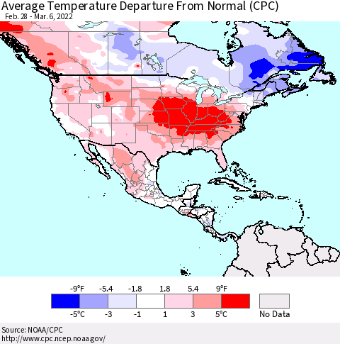 North America Average Temperature Departure from Normal (CPC) Thematic Map For 2/28/2022 - 3/6/2022