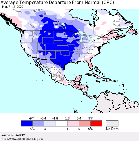 North America Average Temperature Departure from Normal (CPC) Thematic Map For 3/7/2022 - 3/13/2022