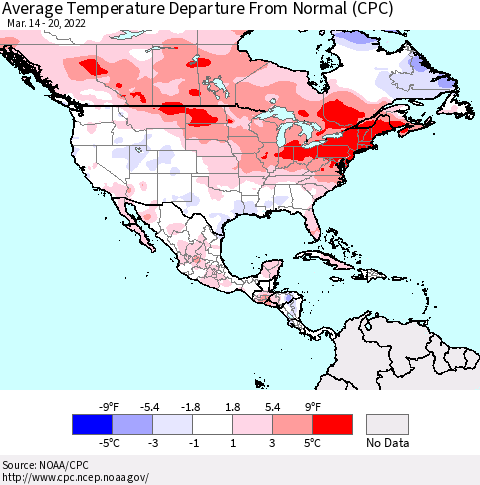 North America Average Temperature Departure from Normal (CPC) Thematic Map For 3/14/2022 - 3/20/2022