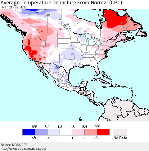 North America Average Temperature Departure from Normal (CPC) Thematic Map For 3/21/2022 - 3/27/2022
