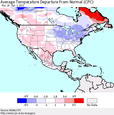 North America Average Temperature Departure from Normal (CPC) Thematic Map For 3/28/2022 - 4/3/2022