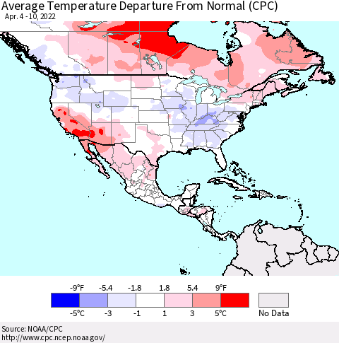 North America Average Temperature Departure from Normal (CPC) Thematic Map For 4/4/2022 - 4/10/2022