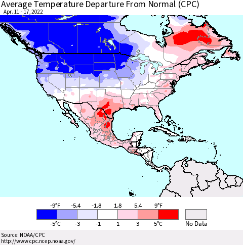 North America Average Temperature Departure from Normal (CPC) Thematic Map For 4/11/2022 - 4/17/2022