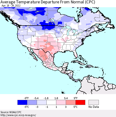 North America Average Temperature Departure from Normal (CPC) Thematic Map For 4/18/2022 - 4/24/2022