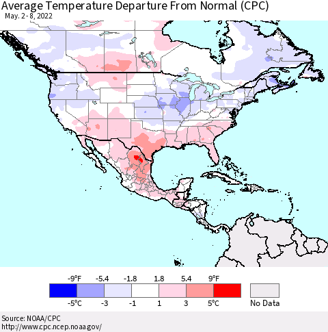 North America Average Temperature Departure from Normal (CPC) Thematic Map For 5/2/2022 - 5/8/2022