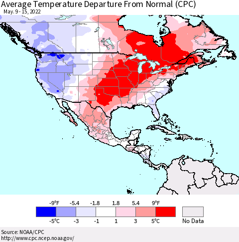 North America Average Temperature Departure from Normal (CPC) Thematic Map For 5/9/2022 - 5/15/2022