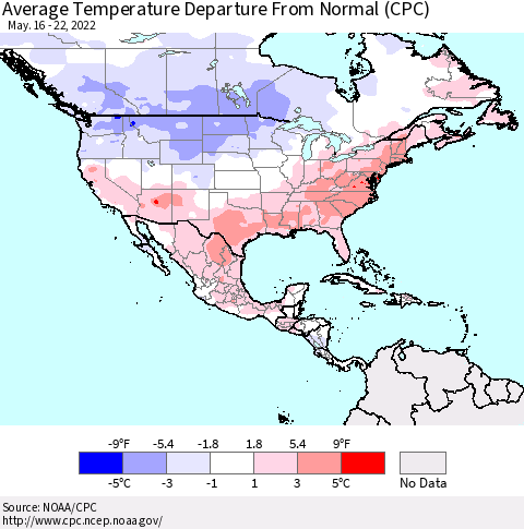 North America Average Temperature Departure from Normal (CPC) Thematic Map For 5/16/2022 - 5/22/2022