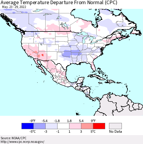 North America Average Temperature Departure from Normal (CPC) Thematic Map For 5/23/2022 - 5/29/2022