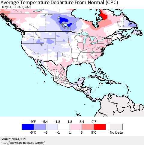 North America Average Temperature Departure from Normal (CPC) Thematic Map For 5/30/2022 - 6/5/2022
