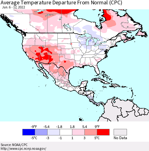North America Average Temperature Departure from Normal (CPC) Thematic Map For 6/6/2022 - 6/12/2022