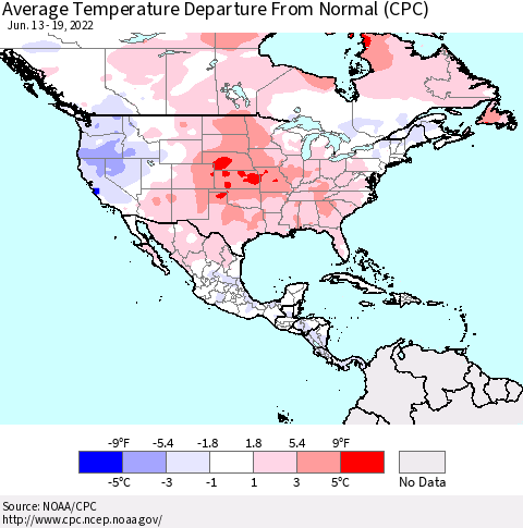 North America Average Temperature Departure from Normal (CPC) Thematic Map For 6/13/2022 - 6/19/2022