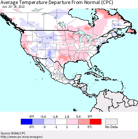 North America Average Temperature Departure from Normal (CPC) Thematic Map For 6/20/2022 - 6/26/2022