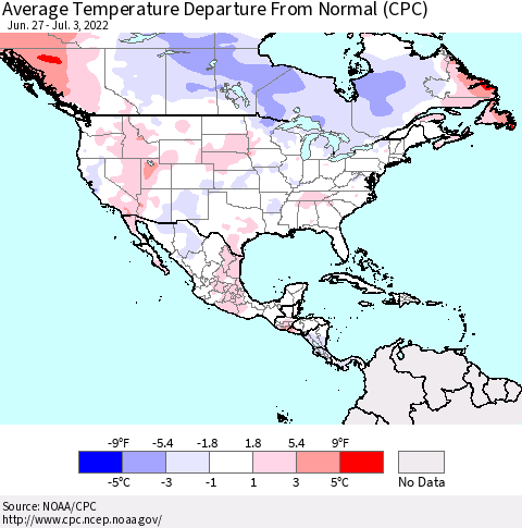 North America Average Temperature Departure from Normal (CPC) Thematic Map For 6/27/2022 - 7/3/2022